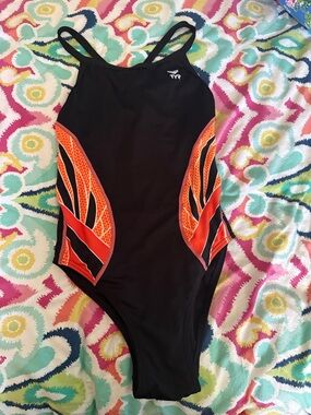 TYR Black One-Piece Swimsuit with Bright Orange Side Panels